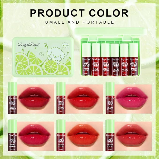 6 Colors lemon Lip Tint Stain Set, Korean Velvet Lip Stain Lip Gloss Lip Tint Stain, Liquid Lipstick for Women, Lip Stain Long Lasting Waterproof, St. Patrick’s Day Gift, High Pigment, Vivid Color