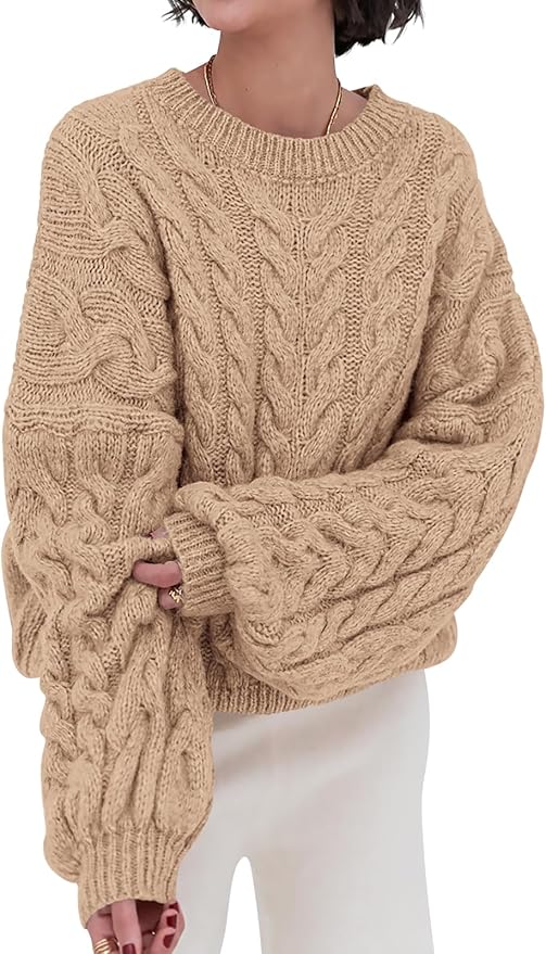 PRETTYGARDEN Womens Sweaters Spring 2026 Cable Knit Long Sleeve Crewneck Oversized Sweater Chunky Pullover Loose Outfits