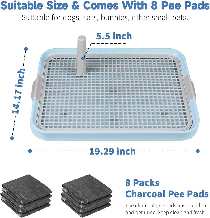 CUHIOY Dog Potty Tray Toilet 20"x14", Indoor Pee Pad Holder, Blue | With 8pcs Training Pads, Puppy Pee Mesh Potty Pan, Secure Latch Doggy Bathroom Litter Box for Small Medium Puppies