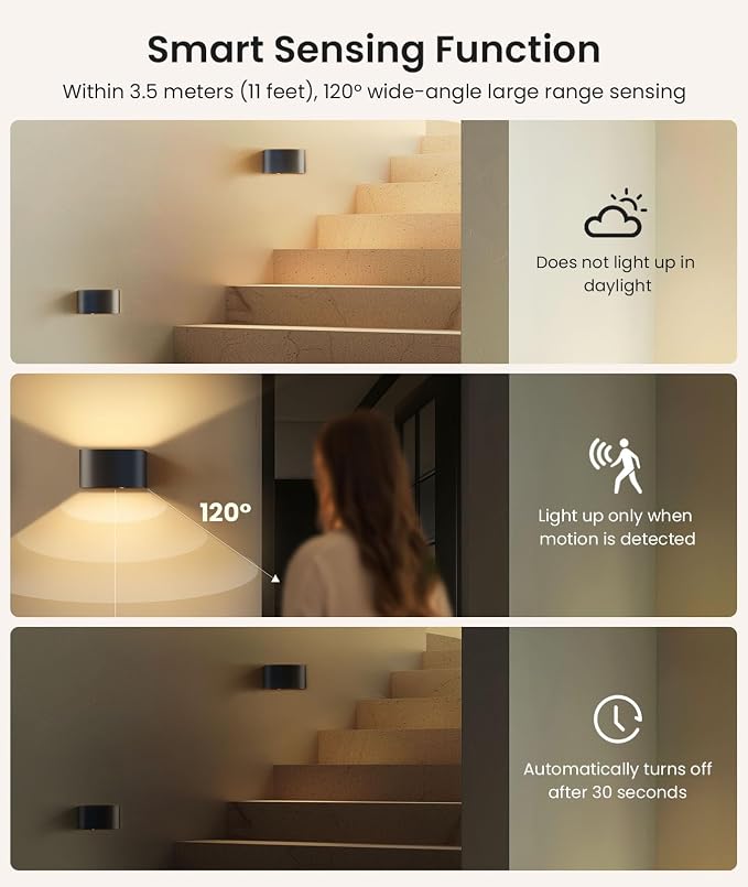 FULEN Motion Sensor Wall Light with Remote Control 3 Colors Wireless Wall Lamp LED Indoor Up and Down Wall Sconce 5000mAh Rechargeable Battery Powered Wall Lamps Brightness Adjustable, 2 Pack