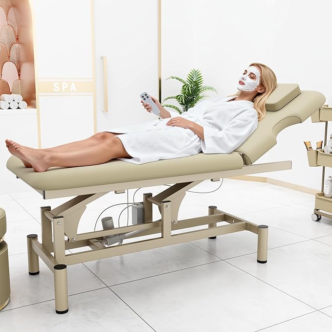 Dolonm 2 Motors Electric Massage Table, Hydraulic Electric Lift Adjustable Backrest and Height Lifting for Treatment, Physical Therapy, Spinal Massage, Facial Spa, Waxing, Tattooing - Beige Gray