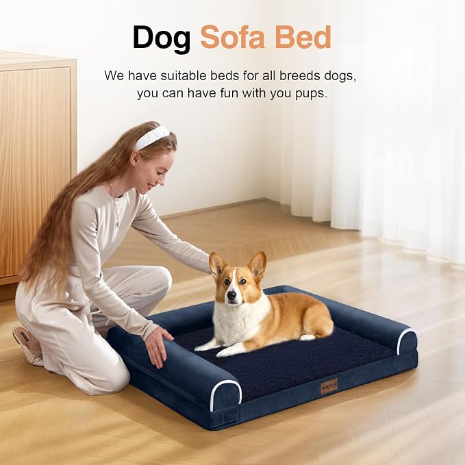 Orthopedic Dog Bed for Medium Dogs, 28 x 19 Inch, Navy Blue | Egg crate foam for joint support, 3-sided bolster pet sofa, waterproof lining, washable cover, and non-skid base