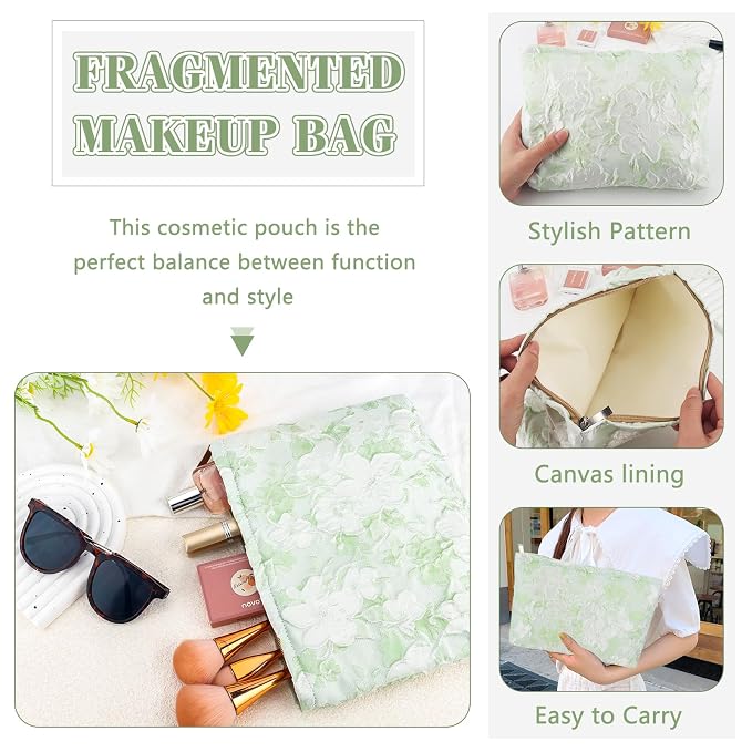 ZLFSRQ Flower Makeup Bag for Women Girls Teens Travel Cute Floral Cosmetic Bags Large Zipper Cosmetic Pouch for Purse Portable Toiletry Bag Aesthetic Embossed Green Makeup Brushes Storage Organizer