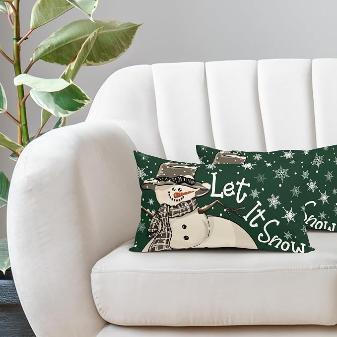 Christmas Green Lumbar Pillow Covers 12X20 Inch Set of 2 Xmas Snowman Snowflake Decorative Pillow Cases Winter Holiday Cotton Linen Cushion Case Modern Home Decor for Sofa Couch Bedroom