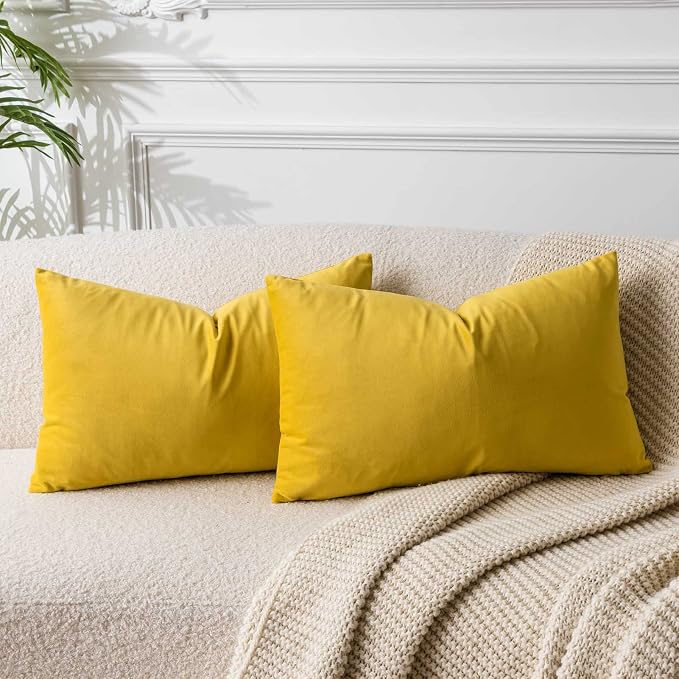 Yellow 12x20 Throw Lumbar Pillow Covers Decorative Cushion Covers Set of 2 | Soft Velvet Pillow Cases with Invisible Zipper for Modern Couch Sofa Bed Living Room Bedroom Home Decor