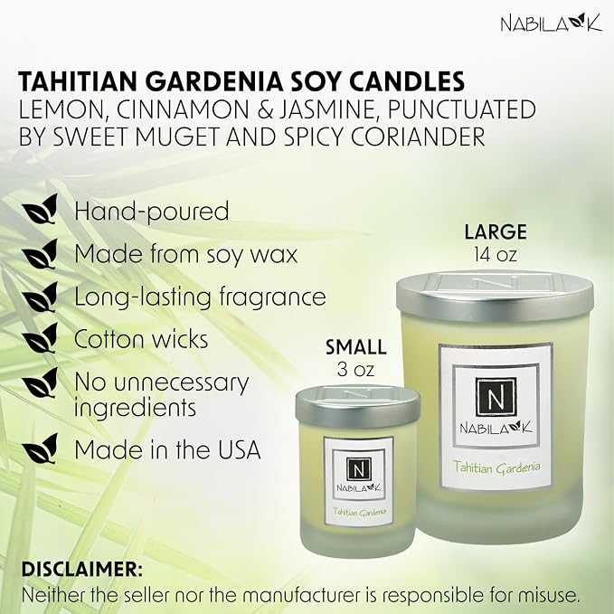 Nabila K - Tahitian Gardenia - Soy-Based Candle - Lemon, Cinnamon, Jasmine, Sweet Muguet & Spicy Coriander - Hand-Poured - Cotton Wick - Aromatherapy Candle w/Essential Oils - Made in USA - 14 oz