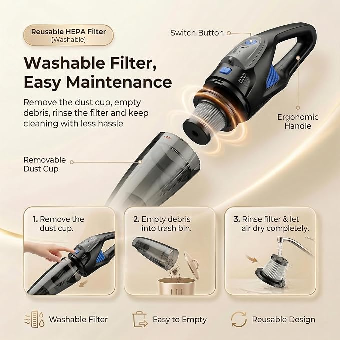 Handheld Vacuum Cordless, 25000Pa Powerful Suction Car Vacuum Portable Cordless with 8000mAh Battery & LED Light, Hand Held Vacuum Rechargeable with HEPA Filters, Home, Car Seats, Pet Hair Blue