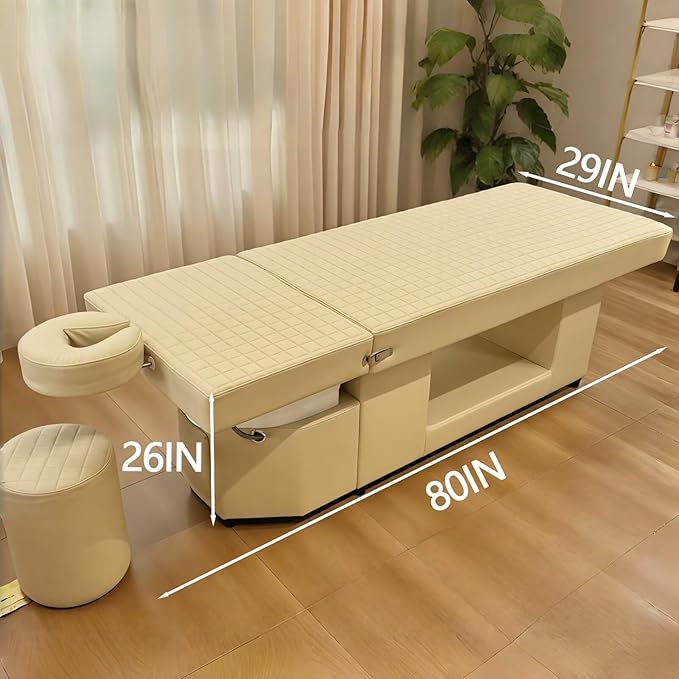 Head SPA Bed - Shampoo Bed with Beige Luxury Grid Pattern, Head SPA Equipment & Massage Table Includes Golden Waterfall Scalp Massage, Light Therapy, for Salon & Home