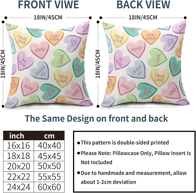 Valentine's Day Pillow Covers 18X18 Inch Set of 2 Colorful Cute Hearts Decorative Pillow Cases Candy Love Heart Anniversary Wedding Cushion Case Valentine Party Home Decor for Sofa Couch