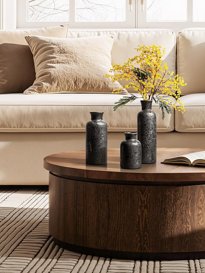 LE TAUCI Ceramic Vase Set of 3, Black Speckled Flower Vases for Fresh or Dried Flowers, Modern Farmhouse Home Decor for Coffee Table, Mantel, Shelf, Entryway, Distressed Iron Black