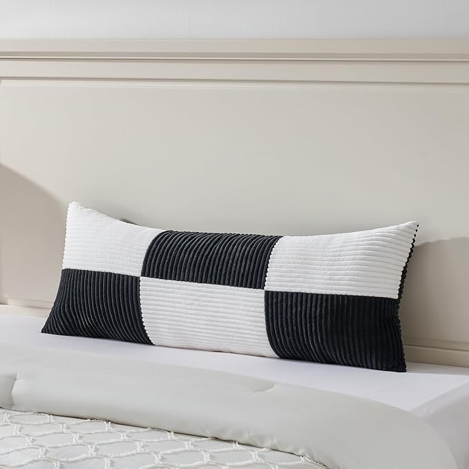Fancy Homi Set of 1 Black and White Boho Long Lumbar Body Decorative Throw Pillow Cover 14x36 Inch for Bed Couch Bedroom Bench, Soft Patchwork Corduroy Textured Pillow Case, Modern Room Decor