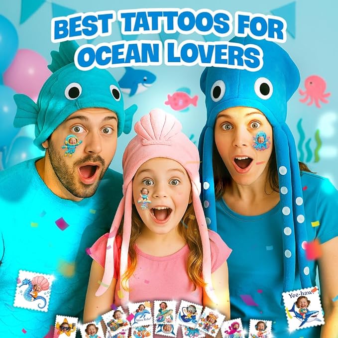 Custom Ocean Temporary Tattoos for Kids - Personalized Pre-Cut Face Photo Tattoos - Fun Birthday Party Favors for Boys Girls, Ocean Lovers - Set of 20 Unique Celebration Gifts