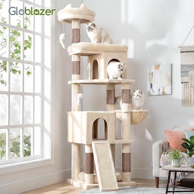 Globlazer Heavy Duty Cat Trees for Large Cats, Sturdy 72in Maine Coon Cat Tree for Large Cat 20 lbs+ Heavy Duty Cat Tower for Adult Biggest Cats with 6 Scratching Posts, Hammock, S72, Beige