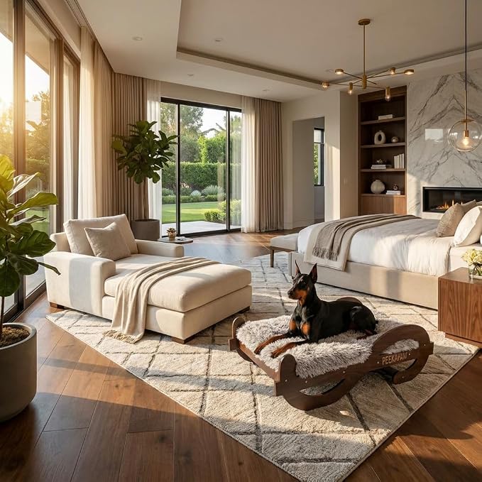 Wooden Elevated Dog Bed with Plush Mattress,L, Up to 80 lb | Raised Dog Bed Furniture with Walnut GrainPattern Frame, Designer Pet Sofa for Indoor Home Decor