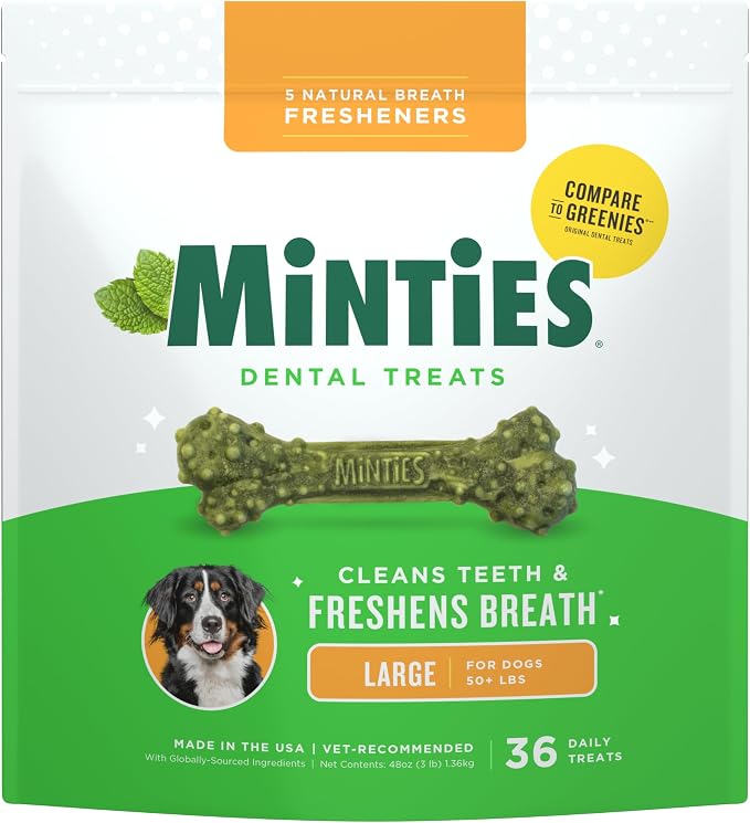 Minties Dental Chews for Dogs, 36 Count, Vet-Recommended Mint-Flavored Dog Treats for Large Breeds Over 50 lbs, Dental Bones Clean Teeth, Fight Bad Breath, Removes Plaque and Tartar | Vet-recommended mint dental bone; scrubs teeth as dogs chew; fights ...