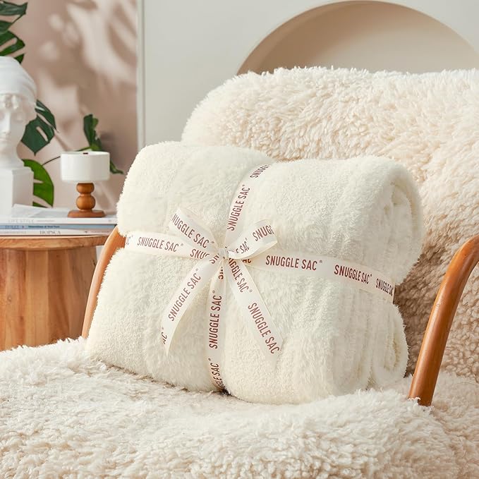 Snuggle Sac Checkered Throw Blanket Faux Fur Microfiber Blankets for Couch,Cozy Soft Warm Blanket for Sofa Bedroom Living Room,Solid Ivory,50x60 inches