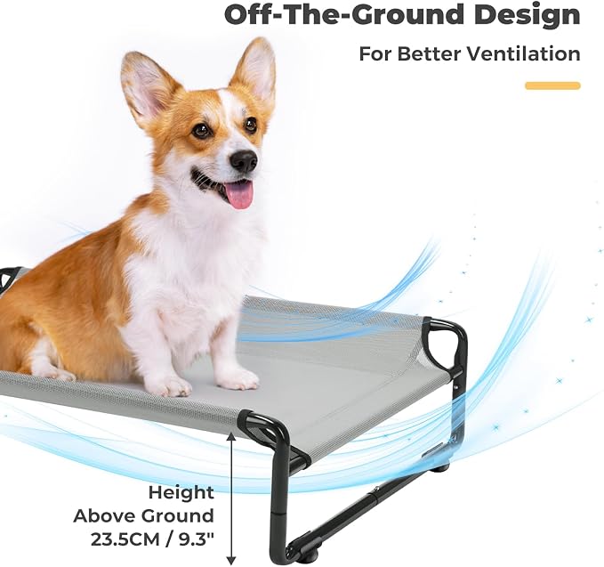 Veehoo Outdoor Elevated Dog Bed, Cooling Raised Dog Beds for Medium Dogs | Washable Dog Cot with Headrest Sides, Non-Skid Feet, Breathable Mesh, Cooling Pet Hammock for Indoor or Camping, 35", Grey