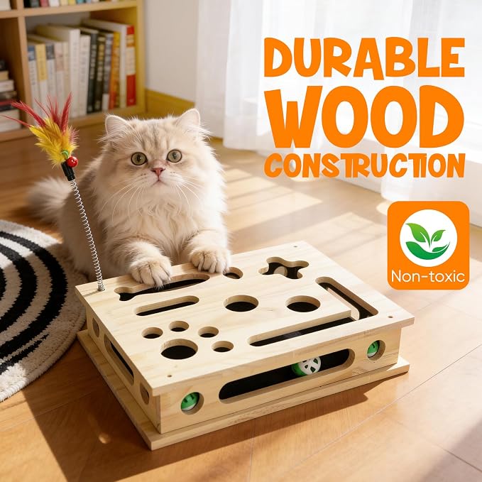 SENNOVI Large Wooden Cat Puzzle Feeder & Scratcher Box, Interactive Toy