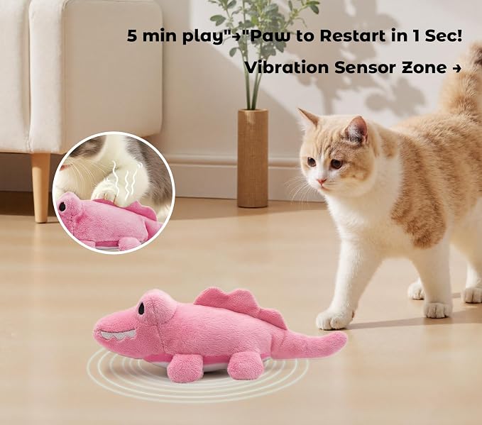 Interactive Cat Toys for Indoor Cats – Auto Moving Alligator with 360° Random Movement & Tail Wagging, Rechargeable Cat Exercise Toy with Catnip, Self-Play Fun for Bored Adult Cats-Pink
