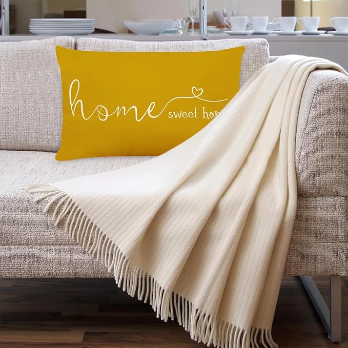 Home Sweet Home Quotes Farmhouse Pillow Covers 12x20 Inch, Decorative Throw Cushion Case, Housewarming Gift, Yellow
