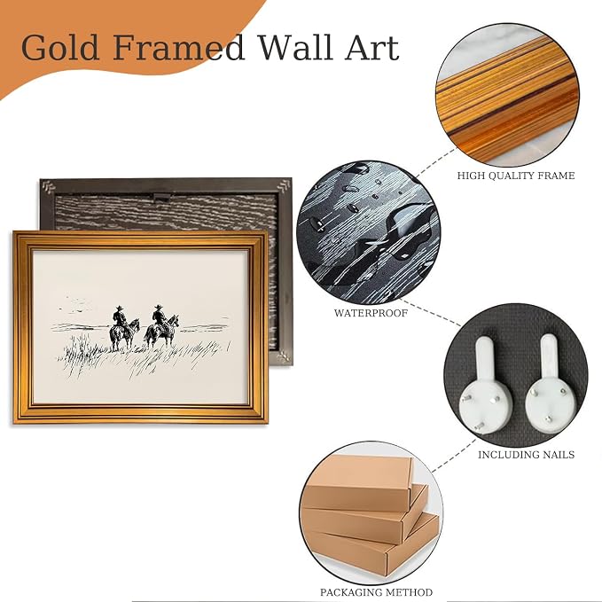 Western Cowboy Gold Framed Wall Art Minimalist Sketch Wall Decor Art | Vintage Horse Landscape Pictures Canvas Art Modern Southwest Small Framed Prints Artwork For Bookshelf Bedside Tables Foyer