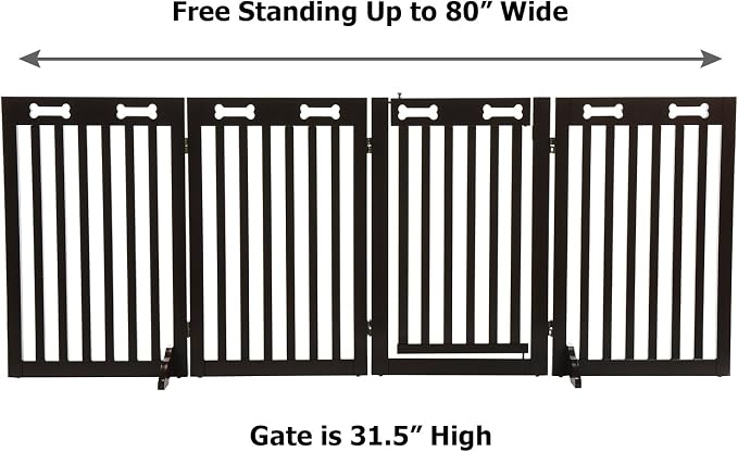 Arf Pets Freestanding Dog Gate with Door, 4 Panel 360 configurable Wooden Fence, 80" Wide, 31.5" High, Set of Foot Supporters Included, for Indoor Use