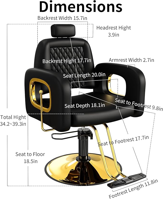 Baasha Black and Gold Reclining Salon Chair with Adjustable Headrest, Soft PU Leather, Hydraulic Styling Chair with Heavy-Duty Steel Frame, 440 lbs Capacity, Ideal for Hair Braiding, Tattoo