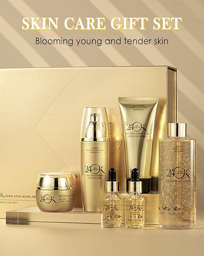 Skin Care Set,6 in 1 24K Gold Skincare Toiletries Set,Moisturizing Brighten Facial Skin Care Product Kit with Cleanser,Toner,Face Serum,Face Cream,Valentine's Women's Day Skincare Kit for Women Mom