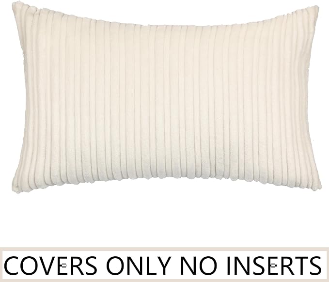 UGASA 14x24 Inch Pillow Cover Pack of 1 Soft Boho Stripe Corduroy Long Rectangular Lumbar Cushion Cover Farmhouse Decorative Throw Pillowcase for Bed, Couch, Sofa, Bedroom, Living Room, Cream