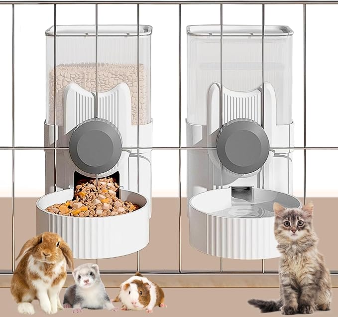 kathson Rabbit Feeder for Cage,Bunny Water Bottle,Pet Food Dispenser,Grey | Gravity Automatic Guinea Pig Feeder Waterer Set,Hanging Small Pet Food Bowl Feeding Station for Ferret Chinchilla Cat Puppy