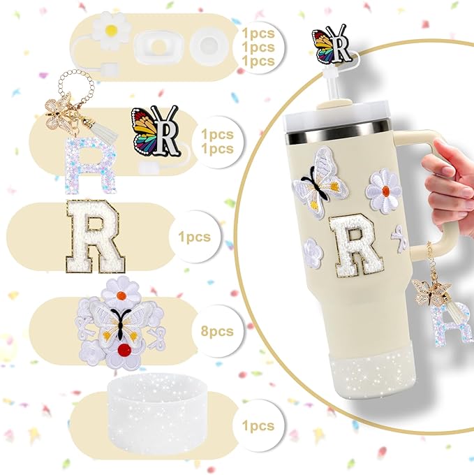 15PCS Cup Accessories Set for Stanley Cup 30oz 40oz Tumbler with Handle, Including Silicone Straw Cover and Boot, Spill Proof Stopper, Stanley Charms, Handle Charm, Initials Sticker