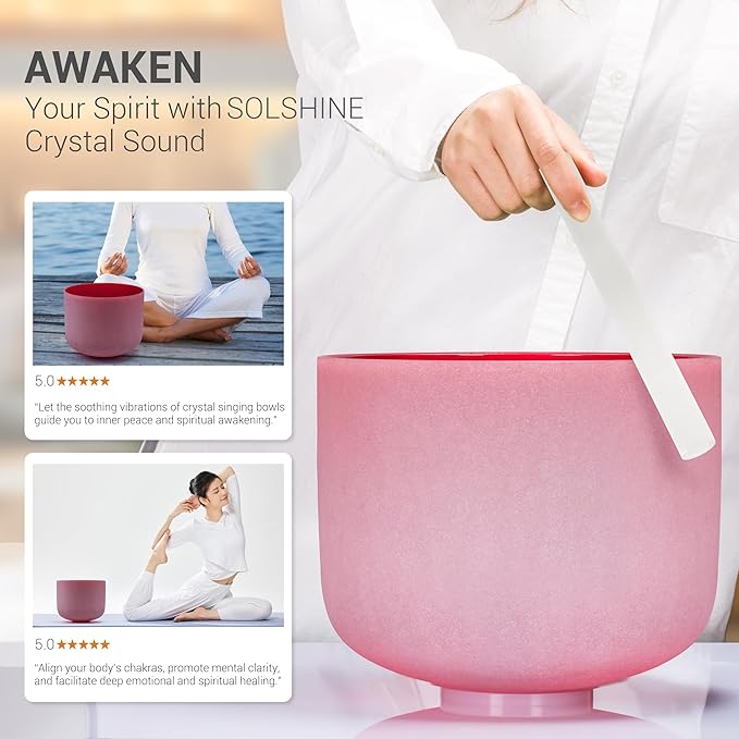 432hz 8 inch Red C Note Root Chakra Quartz Crystal Singing Bowl with Resonance Striker for Healing Mindfulness Meditation Yoga Sound Baths