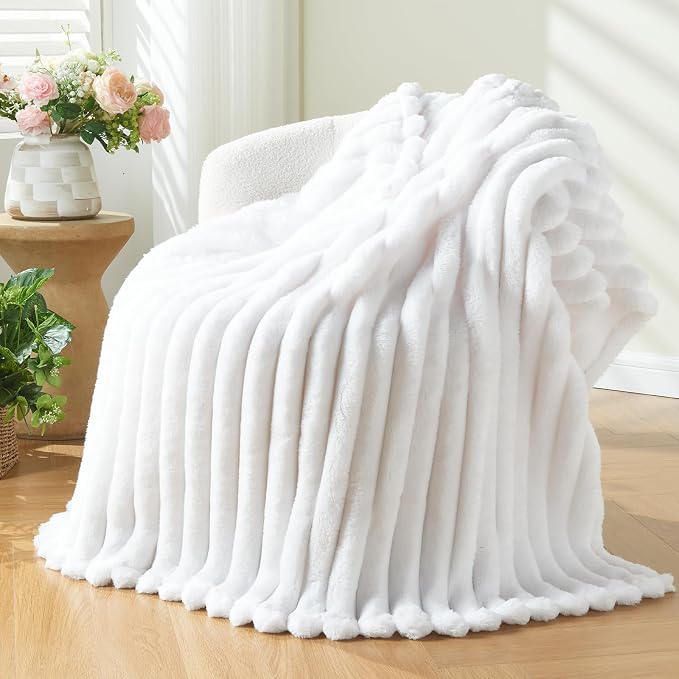 NEWCOSPLAY Fleece Ribbed Cozy Queen Blanket for Couch, White, 90"x90" | Premium Silky Flannel Blanket, Soft Lightweight Fluffy Throw Blanket for Bed Sofa Decor, Gift for All Season Use