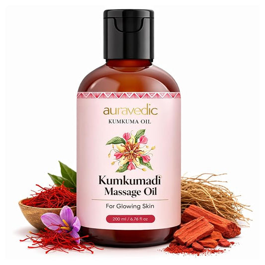 Auravedic Kumkumadi Oil for Face & Body with Saffron | Ayurvedic Massage Oil for Daily Moisturizing | Lightweight, Non-Greasy Hydrating Oil for Men & Women | 6.76 Fl Oz (200ml)