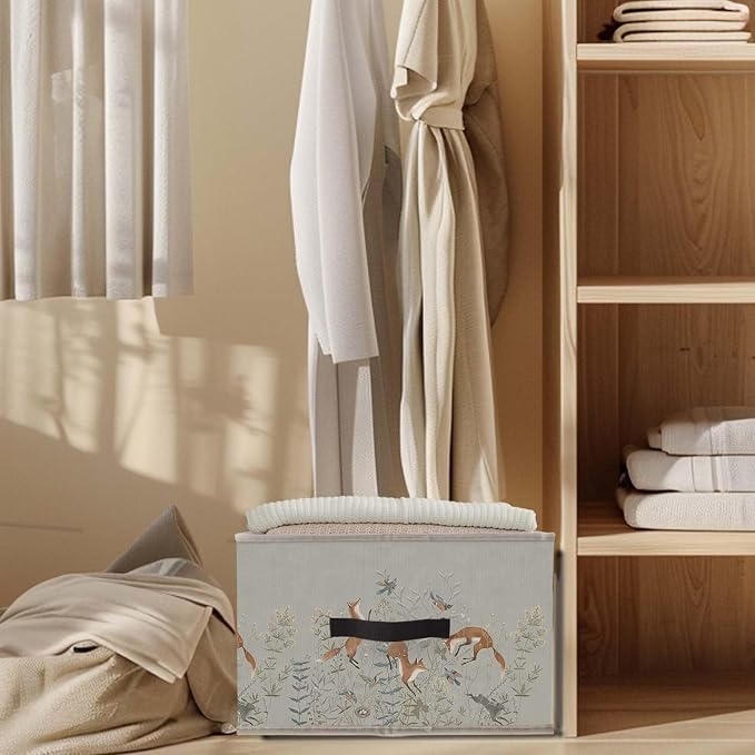 Forest Animal Fox Rabbit Storage Bins Basket, Fox Lover Gifts, Cottagecore Botanical Floral Bird Collapsible Fabric Storage Box Organizer Toybox for Bedroom Bathroom Clothes Books Toys