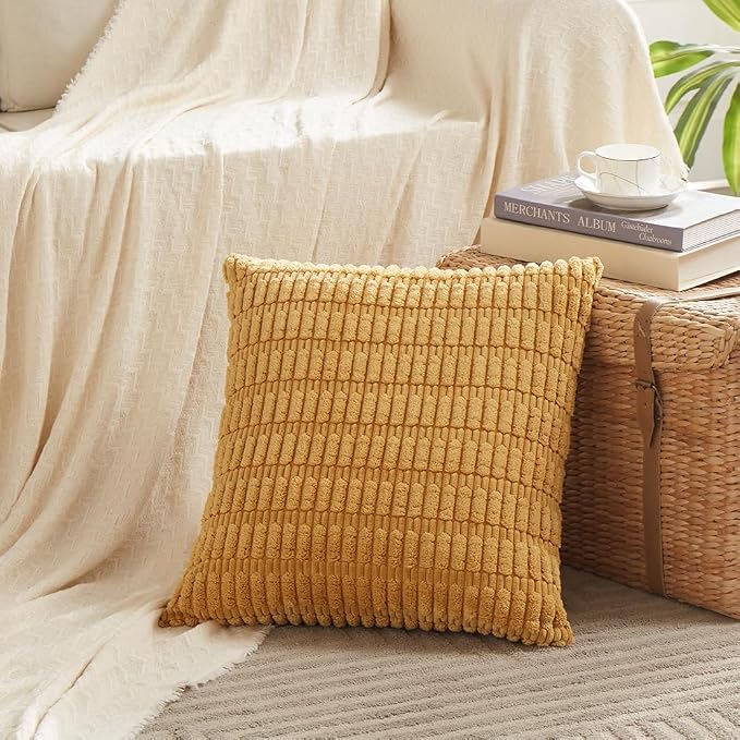 Fancy Homi Decorative Throw Pillow Covers for Bed Couch Bedroom Bench, Soft Corduroy Solid Pillow Case, Rustic Farmhouse Boho Room Decor,18" x 18" (Pack of 1),Mustard Yellow