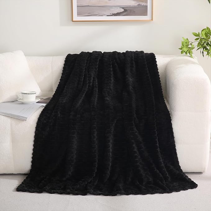 Puncuntex Black Throw Blanket 50"×60" inches Fuzzy 3D Jacquard Decorative | Flannel Fleece Super Soft Plush Cozy Blanket for Couch Sofa Chair Lightweight