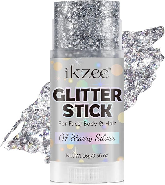 Silver Hair Glitter Stick, Christmas Body Glitter Stick, Waterproof & Long Lasting, Face Glitter Gel Makeup with Sparkle for Concerts Music Rave Festival Party Shimmer Accessories