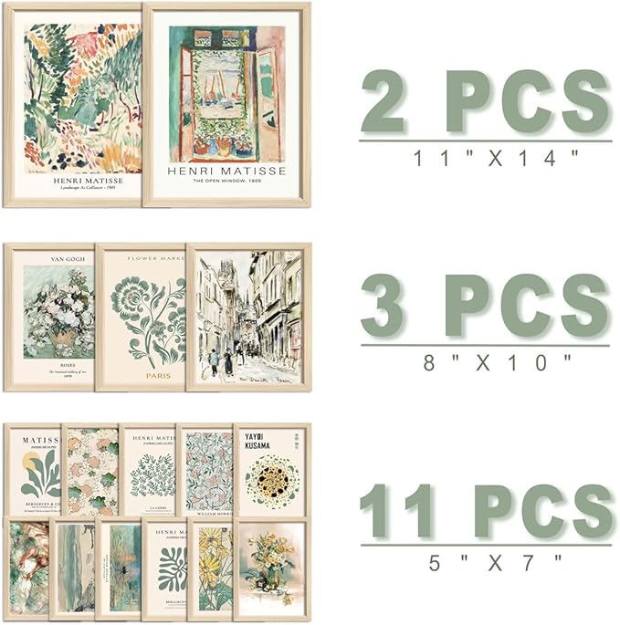 16 PCS Framed Sage Green Wall Art Decor, Matisse Wall Prints for Bedroom, Gallery Wall Frame Set, Abstract Posters for Living Room Aesthetic, Collage Kit Pictures, Boho Dorm Home Decor