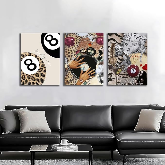 Trendy Leopard Wall Art Set of 3 Cheetah Canvas Aesthetic Wall Decor Funky Black Girl 8 Ball Lucky Poster Prints Pictures Artwork for Bedroom Living Room 16x24 Inch Framed
