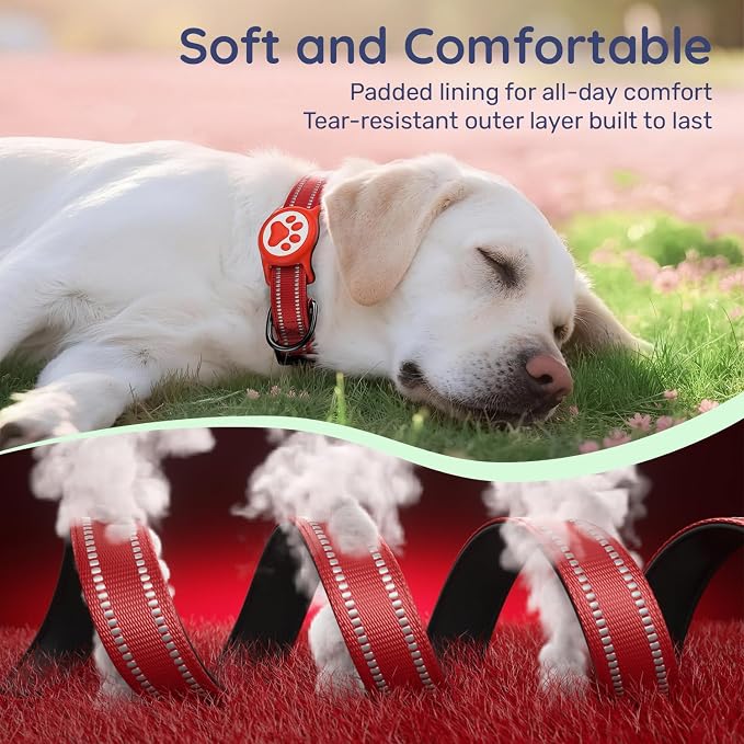 Premium Airtag Dog Collar，with IP68 Waterproof AirTag Holder,Red,XS | Soft,Breathable,Nylon Padded,Reflective,Ultra-Durable Buckle,Adjustable,Comfortable for Small Medium Large Dogs