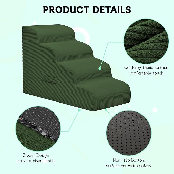 Mesa Lemon 4 Step Dog Stairs Pet Ramp for High Beds, Sofas and Cars | High Density Foam, Non-Slip Bottom, Removable Washable Cover, Portable Handle, Holds Up to 50 lbs, 20 Inch Height