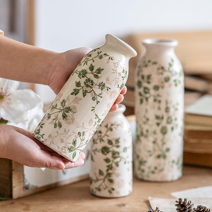 Teweiqi Vintage Vase Set of 3, Ceramic Flower Vases Chinoiserie Decor, Rustic Farmhouse Vases Retro Decorative Vases, for Home Living Room Kitchen Table Mantle Shelf Decor - Green and White