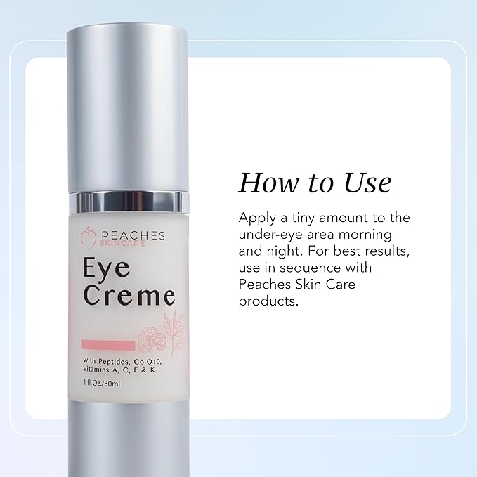 Peaches Skin Care Under Eye Cream – Targets Puffiness, Dark Circles, and Bags – Vegan Formula with Peptides, Co-Q10, Squalene, Vitamins, and Reishi – Eye Crème (1 oz)
