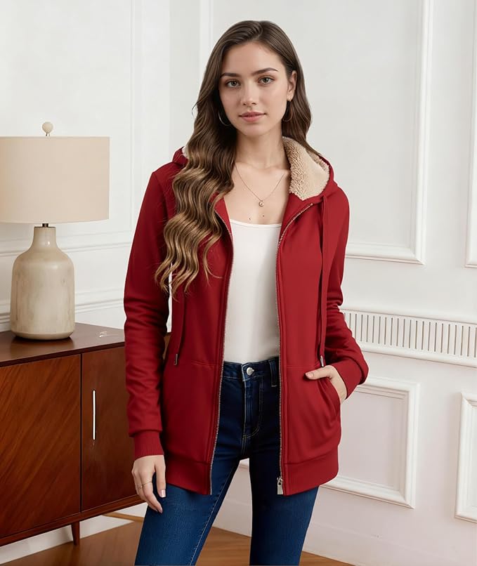 Little Beauty Womens Zip Up Hoodies Winter Thick Fleece Lined Hooded Jacket Casual Cozy Warm Sweatshirt Coat