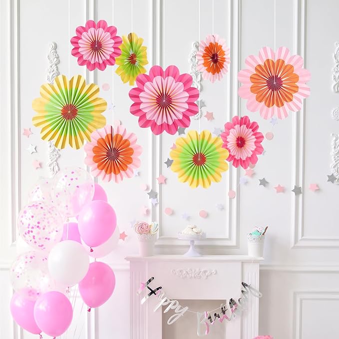 SUNBEAUTY 9 Pcs Paper Flowers Fans Hot Orange and Hot Pink Party Spring Summer Decorations Tissue Paper Flowers Decorations for Girl Groovy Birthday Baby Shower Wedding Bachelorette Room Wall Hanging