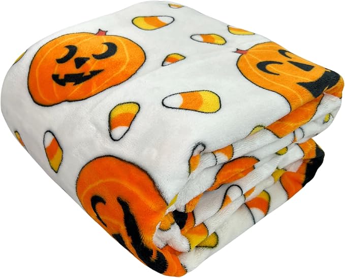 Halloween Fleece Throw Blanket, Jack-O'-Lanterns with Candy Corn, 50x70 in | Ultra-soft cozy flannel fleece, for sofa couch bed chair & dorms, spooky Halloween décor, durable and machine washable.