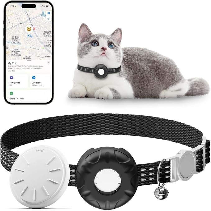 Cat GPS Tracker, Waterproof Pet Tracker for Cats, Cat GPS Tracker Collar with Safety Elastic Buckle, Works with Any Collar,Compatible with Apple Find My App (Only iOS), No Monthly Fee, Black