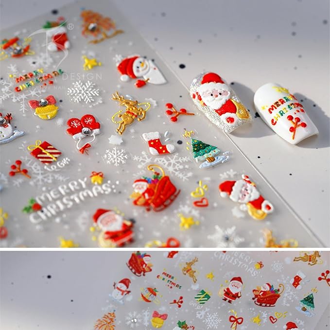 Christmas Nail Stickers for Nail Art, 5D Embossed Self-Adhesive Snowflake Socks Nail Decals, Mushroom Nail Supplies Nail Art Design Accessories for Women and Girls Manicure DIY Decoration