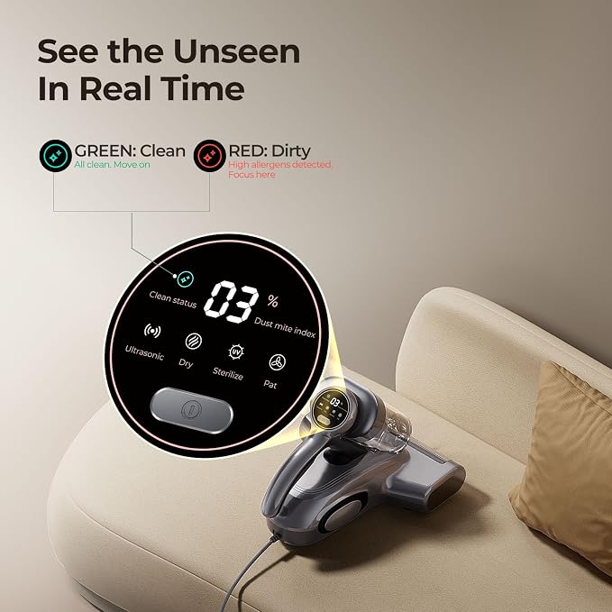 JIGOO J300 Bed Vacuum Cleaner, Dust Sensor, Pet Hair, UV and Heat, Corded | Deep-clean mattress vacuum cleaner, 500W motor, 13Kpa suction, UV-C light and 130°F heat for beds, sofas, Gray